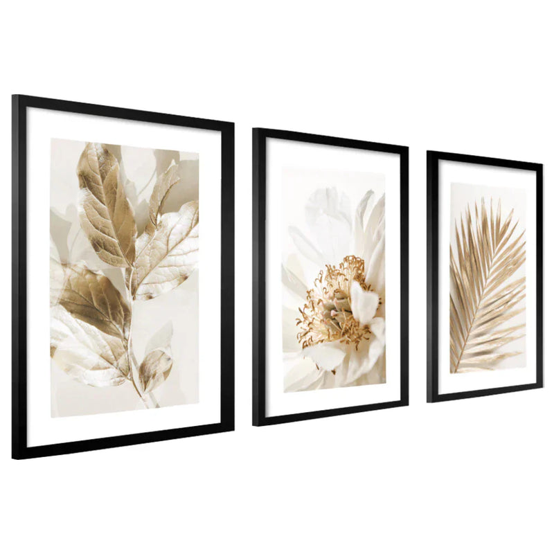Kit com 3 Quadros Decorativos - Folhagem Dourada